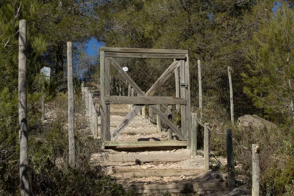Wooden door and metal mesh that gives access to the Projecte Canyet observatory, a protected vulture reserve in Alcoy