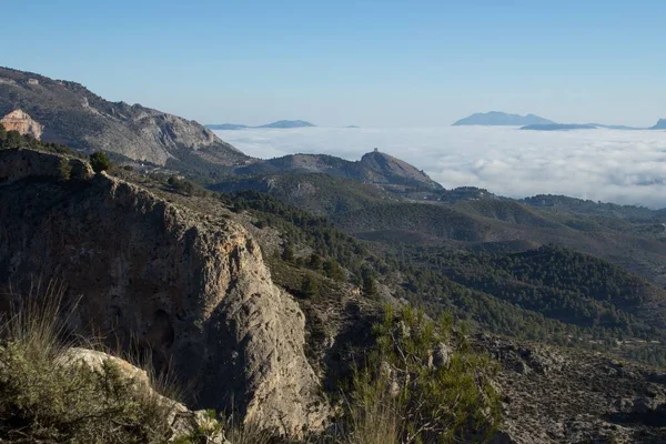 Poranek Gęstą Mgłą Dolinie Cocentaina Hiszpania — Zdjęcie stockowe