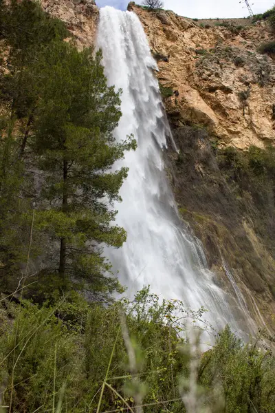 Paisagem Com Cachoeira Salt Alcoy Com Pinheiros Primeiro Plano Espanha — Fotografia de Stock