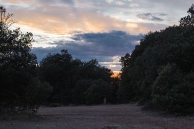 İspanya, Alcoy 'daki Fuente Roja Ulusal Parkı' nın Barranco del Infierno geçidine giden yolda alacakaranlık.