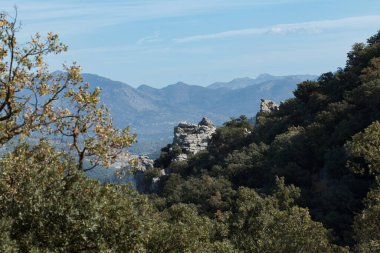 İspanya 'nın Alcoi kentindeki Fuente Roja doğal parkından Alicante ilindeki La Serrella dağ sırasının arka planındaki manzara