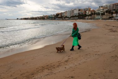 Deniz manzarası, yeşil giyinmiş bir bayanla Villajoyosa, İspanya sahilinde köpek Nami 'yi gezdiriyor.