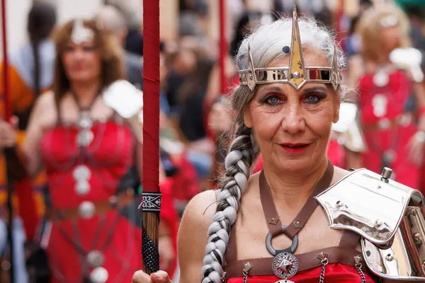 Alcoy Spain 2024 Moors Christians Parade Row Alcodianos Warrior Women — Stock Photo, Image