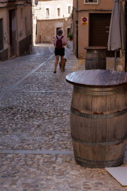 İspanya 'nın Bocairent kentinin tarihi kaldırımlı caddeleri boyunca hayvanlarla dost geziler ve fotoğraflar.