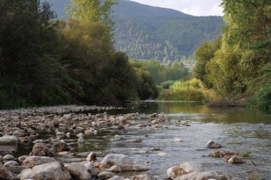 Lorcha 'dan iklim değişikliğinden kaynaklanan düşük su akışıyla geçen Serpis nehir yatağının manzarası, İspanya