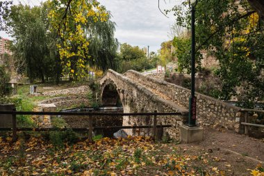 Alcoy, Spain, 11/22/2024: Autumn landscape on the riverfit promenade with the old Buidaoli bridge over the Barxell river clipart