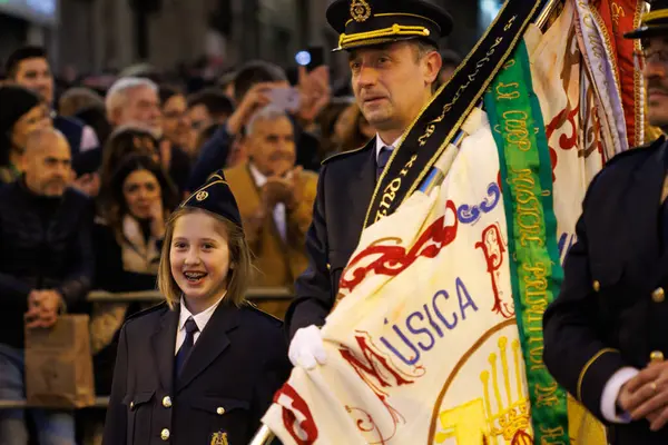 Entry into the Plaza de Espaa of the La Primitiva de Alcoy music band in the pasodoble parade that inaugurates the patron saint festivities of Moors and Christians