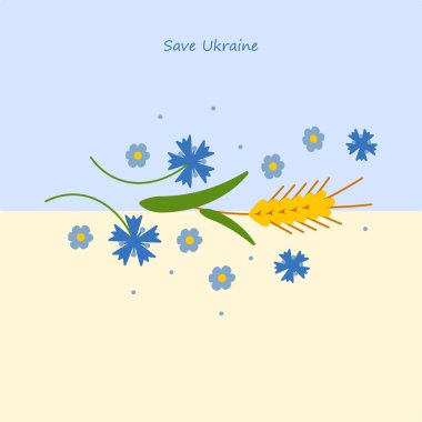 Elle çizilmiş mavi çiçekli Ukrain kartını, sarı ve mavi bir sırtüstü uzanan buğday dikenlerini ve yabani çiçekleri koru