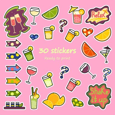 30 hand-drawn illustrations of fruits and cocktails: citrus fruits, various cocktails, wine, champagne, martini, hearts, question marks and arrows clipart