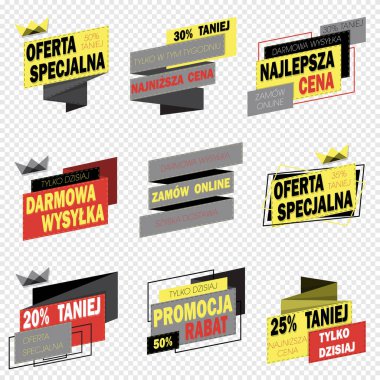 Polonya Dili Satış, İndirim, Ücretsiz Nakliye, Özel Teklif, sadece bu hafta, sadece bugün, yarın sipariş et, internetten sipariş et, bir gün nakliye, büyük satış, mega satış, yarı fiyatına, vektör pankartlarında yüzde 50 indirim.