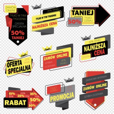 Polonya Dili Satış, İndirim, Ücretsiz Nakliye, Özel Teklif, sadece bu hafta, sadece bugün, yarın sipariş et, internetten sipariş et, bir gün nakliye, büyük satış, mega satış, yarı fiyatına, vektör pankartlarında yüzde 50 indirim.