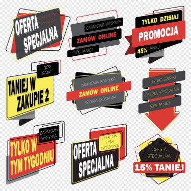 Polonya Dili Satış, İndirim, Ücretsiz Nakliye, Özel Teklif, sadece bu hafta, sadece bugün, yarın sipariş et, internetten sipariş et, bir gün nakliye, büyük satış, mega satış, yarı fiyatına, vektör pankartlarında yüzde 50 indirim.