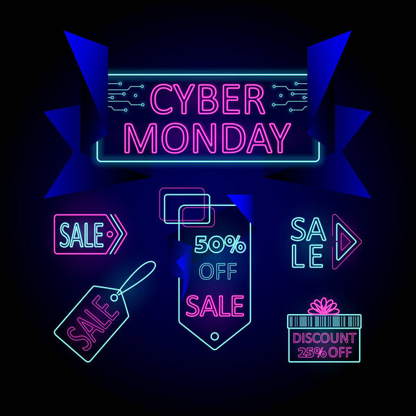 Вектор Кибер понедельник продажи баннер, баннер изображает яркие неоновые знаки: Кибер понедельник, продажа, скидка 50 подарок