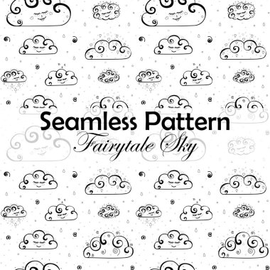 Seamless vector pattern with Hand drawn curly doodles of rainy clouds on a transparent background, eazy to edit clipart