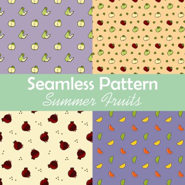 Set of four Vegan-Friendly Seamless Patterns of apples, pears, citrus and pomegranate with pomegranate seeds in Simple Flat Style clipart