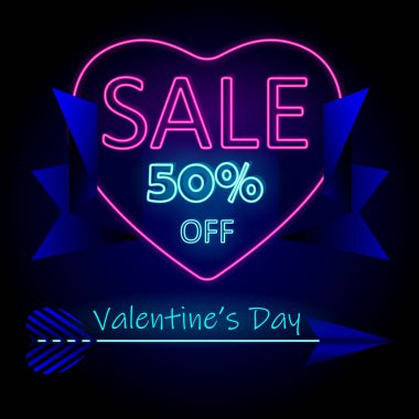 Bright Neon Valentines Day Sale Banner with neon Heart, Arrows, sale, fifty percent discount and stylish navy blue elements for holiday promotions clipart