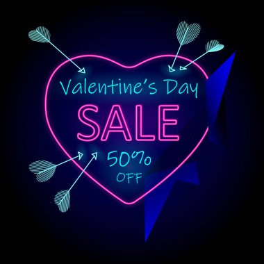 Bright Neon Valentines Day Sale Banner with neon Heart, Arrows, sale, fifty percent discount and stylish navy blue elements for holiday promotions clipart