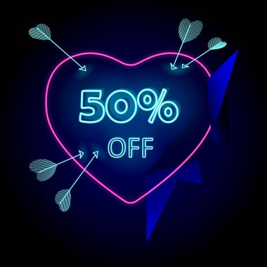 Bright Neon Valentines Day Sale Banner with neon Heart, Arrows, sale, fifty percent discount and stylish navy blue elements for holiday promotions clipart