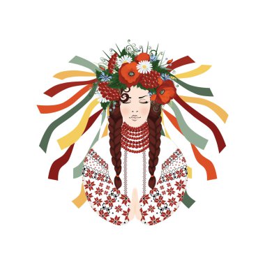 Ukrayna için dua et. Ukraynalı bir kadın işlemeli bir vyshyvanka ve kır çiçekleri, gelincikler, papatyalar, viburum, şifalı otlar ve buğday başaklarıyla dua ediyor.