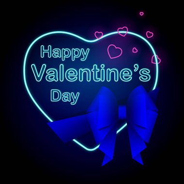 Bright Neon Valentines Day card with neon Hearts, festive bow, Happy Valentines Day inscription and stylish navy blue elements for holiday promotions, Digital and Retail Marketing clipart