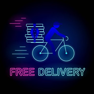 Neon Free Delivery Banner, a delivery man riding bicycle with pizzas tied with bow and text Free Delivery clipart