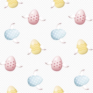 Seamless vector pattern with colorful (pink with hearts, blue with polka dots and striped yellow) flying Easter eggs with wings clipart