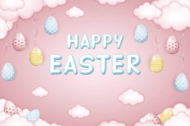 Mutlu Paskalya kartları, kurdeleli Paskalya yumurtaları yumuşak pembe arka planda, yumuşak bulutlu bulutlara bağlanmış.