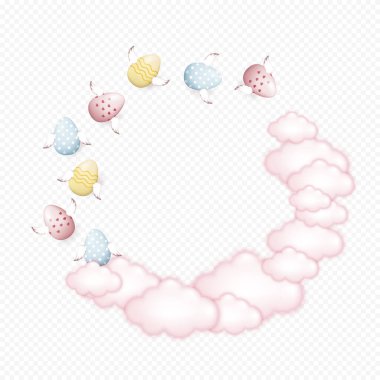 Easter frame Vector illustration, circle of flying winged Easter eggs and pink clouds with free space in the middle on transparent background for holiday promotions and showcases clipart