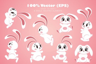 Set of white bunnies in different pose, Happy Easter day, cartoon character design. Handdrawn, Vector (EPS), isolated illustrations, printable, easy to edit clipart