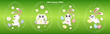 Set of ready made Happy Easter compositions with white bunnies in different pose, easter eggs and white magical elements. Handdrawn, Vector (EPS), isolated illustrations, printable clipart