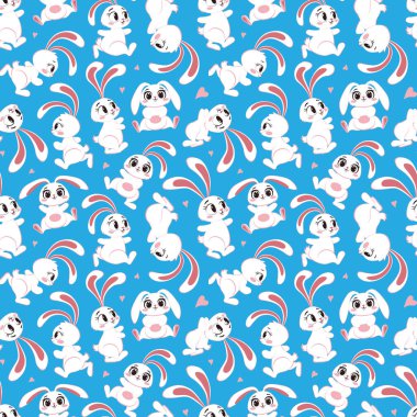 Elle çizilmiş beyaz tavşanlı kusursuz desen farklı pozlarda, Mutlu Paskalyalar, çocuklar için tasarım, Vector (EPS), basılabilir