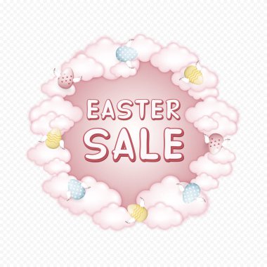 Easter Sale Vector illustration, Easter Sale inscription in the circle of flying winged easter eggs and pink clouds on transparent background for holiday promotions and Storefront Displays clipart