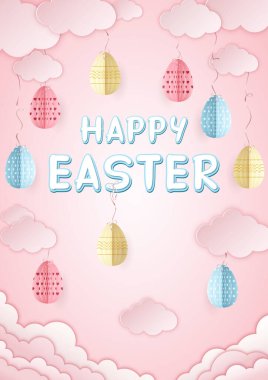 Paper craft Happy Easter A4 card, origami Easter eggs tied with ribbons to the clouds on soft pink background with cut out clouds clipart