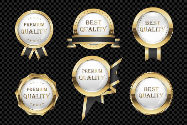 Gold and Black Best and Premium Quality badge and emblem with ribbons, glass lens and gold elements, vector (EPS) illustration set on transparent background