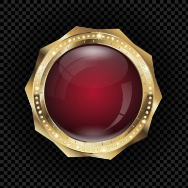 Kırmızı merkezli lüks altın rozet şablonu, altın elementler ve elmaslar, şeffaf arkaplanda boş alanı olan vektör (EPS) illüstrasyonu