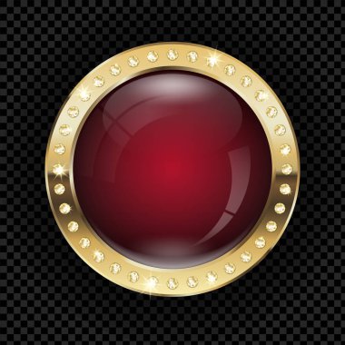 Kırmızı merkezli lüks altın rozet şablonu, altın elementler ve elmaslar, şeffaf arkaplanda boş alanı olan vektör (EPS) illüstrasyonu