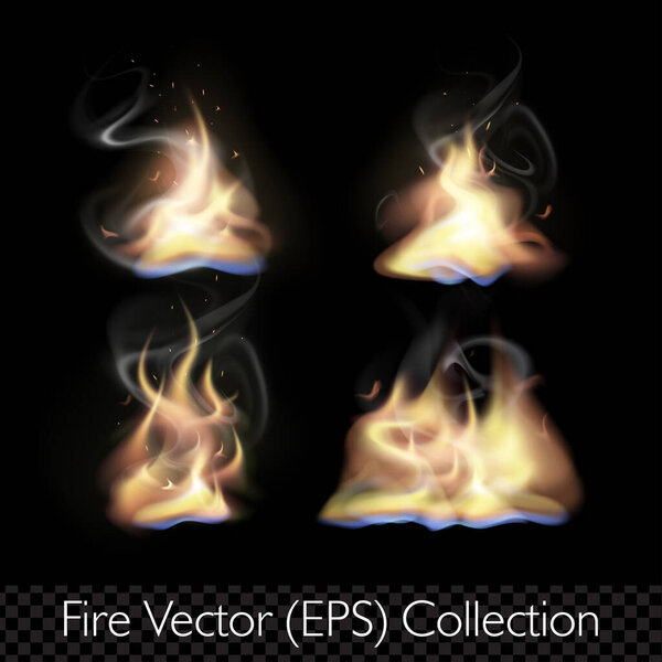  Реалистичное пламя, огонь с дымом, светящиеся искры и эффекты жжения, вектор (EPS), редактируемая иллюстрация на прозрачном фоне