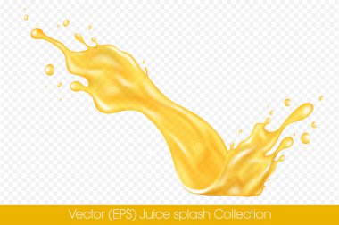 Şeffaf arka planda izole edilmiş damlacıklarla gerçekçi portakal suyu sıçraması, vektör (EPS) illüstrasyonu. Şeffaf turuncu sıvı donmuş hareket çizimi, katmanlı, düzenlemesi kolay