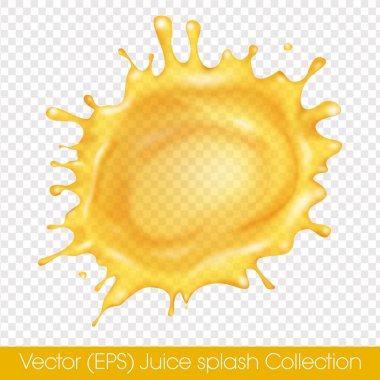 Şeffaf arka planda izole edilmiş damlacıklarla gerçekçi yuvarlak portakal suyu sıçraması, vektör (EPS) illüstrasyonu. Şeffaf turuncu sıvı donmuş hareket çizimi, katmanlı, düzenlemesi kolay