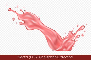 Şeffaf arka plan, vektör (EPS) illüstrasyonunda izole edilmiş damlacıklarla gerçekçi kırmızı meyve suyu sıçraması. Şeffaf kırmızı sıvı donmuş hareket çizimi, katmanlı, düzenlemesi kolay