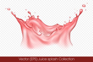Şeffaf arkaplan, vektör (EPS) illüstrasyonunda izole edilmiş damlacıklarla gerçekçi taç şeklinde kırmızı meyve suyu sıçraması. Şeffaf kırmızı sıvı donmuş hareket çizimi, katmanlı