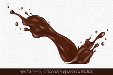 Şeffaf arka planda izole edilmiş damlacıklarla gerçekçi çikolata sıçraması, vektör (EPS) illüstrasyonu. Şeffaf kahverengi sıvı donmuş hareket çizimi, katmanlı, düzenlemesi kolay