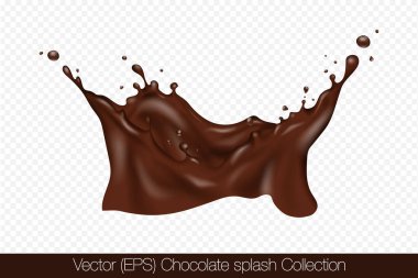 Şeffaf arkaplan, vektör (EPS) illüstrasyonunda izole edilmiş damlacıklarla gerçekçi taç şeklinde çikolata sıçraması. Şeffaf kahverengi sıvı donmuş hareket çizimi, katmanlı.