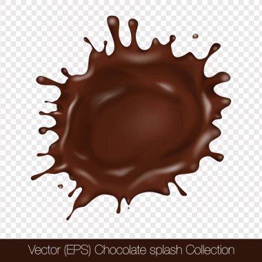 Şeffaf arka plan, vektör (EPS) illüstrasyonunda izole edilmiş damlacıklarla gerçekçi yuvarlak çikolata sıçraması. Şeffaf kahverengi sıvı donmuş hareket çizimi, katmanlı, düzenlemesi kolay