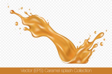 Şeffaf arka plan, vektör (EPS) illüstrasyonunda izole edilmiş damlacıklarla gerçekçi Karamel sıçraması. Şeffaf altın sıvı donmuş hareket çizimi, katmanlı, düzenlenmesi kolay