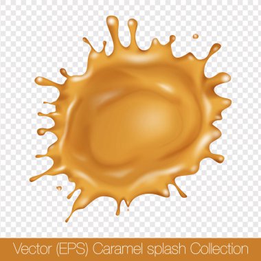 Şeffaf arka plan, vektör (EPS) illüstrasyonunda izole edilmiş damlacıklarla gerçekçi yuvarlak Karamel sıçraması. Şeffaf altın sıvı donmuş hareket çizimi, katmanlı, düzenlenmesi kolay