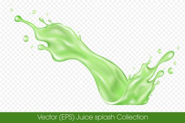 Şeffaf arka plan, vektör (EPS) illüstrasyonunda izole edilmiş damlacıklarla gerçekçi yeşil meyve suyu sıçraması. Şeffaf yeşil sıvı donmuş hareket çizimi, katmanlı, düzenlemesi kolay