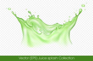 Şeffaf arkaplan, vektör (EPS) illüstrasyonunda izole edilmiş damlacıklarla gerçekçi taç şeklindeki yeşil meyve suyu sıçraması. Şeffaf turuncu sıvı donmuş hareket çizimi, katmanlı.