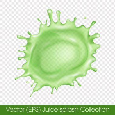 Şeffaf arka plan, vektör (EPS) illüstrasyonunda izole edilmiş damlacıklarla gerçekçi yuvarlak yeşil meyve suyu sıçraması. Şeffaf yeşil sıvı donmuş hareket çizimi, katmanlı, düzenlemesi kolay