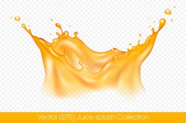 Şeffaf arkaplan, vektör (EPS) illüstrasyonunda izole edilmiş damlacıklarla gerçekçi taç şeklinde portakal suyu sıçraması. Şeffaf turuncu sıvı donmuş hareket çizimi, katmanlı.
